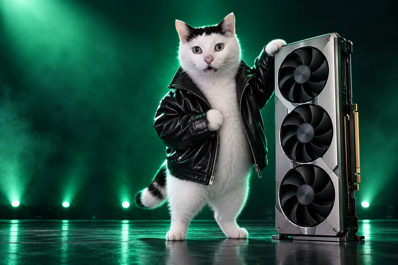 The original wide-eyed Huh Cat in a black leather jacket beside an enormous silver graphics card.