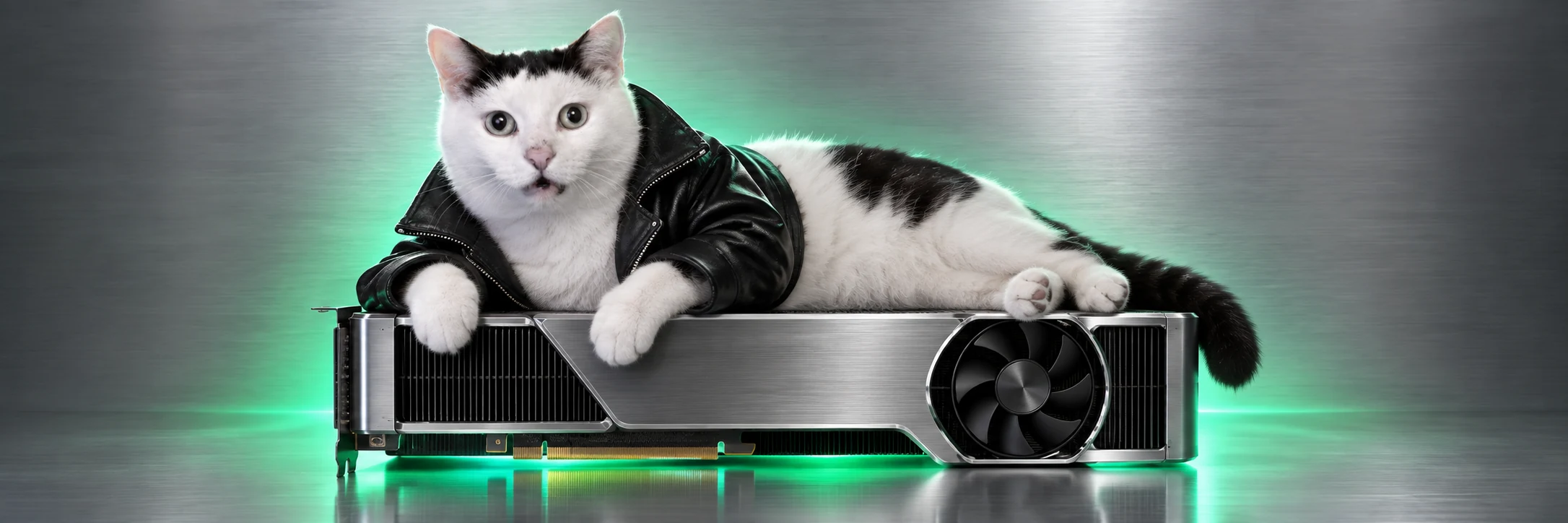 Jensen Huh lounging across an enormous silver GPU under emerald studio light.