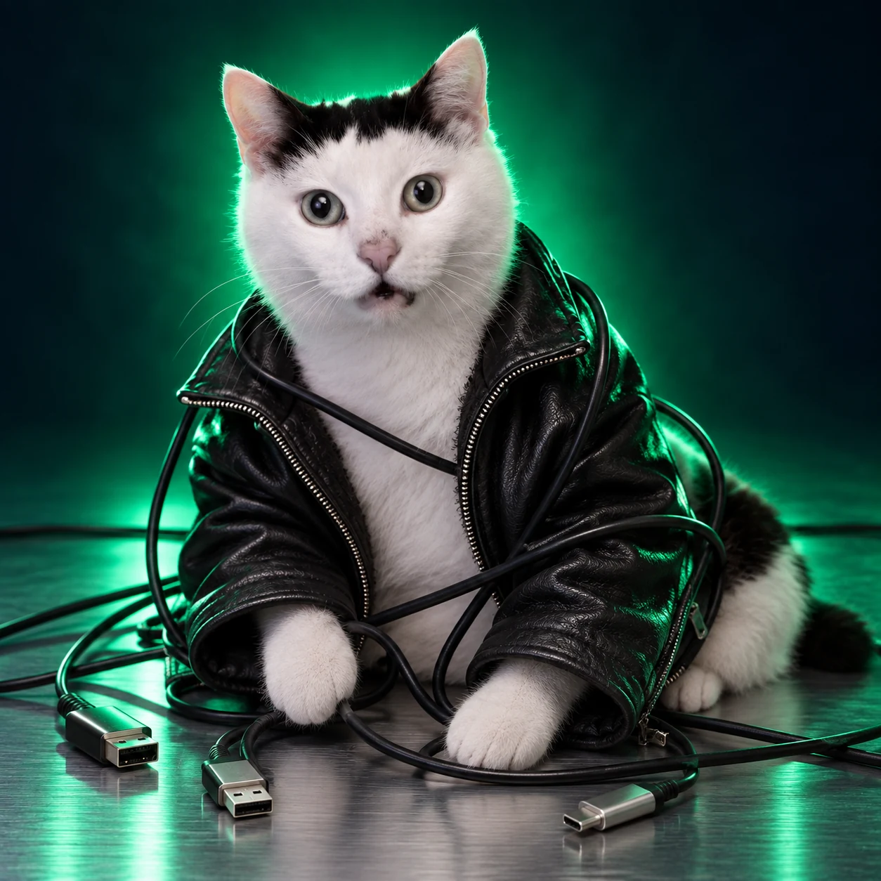 The cat wrapped in loose unplugged computer cables.