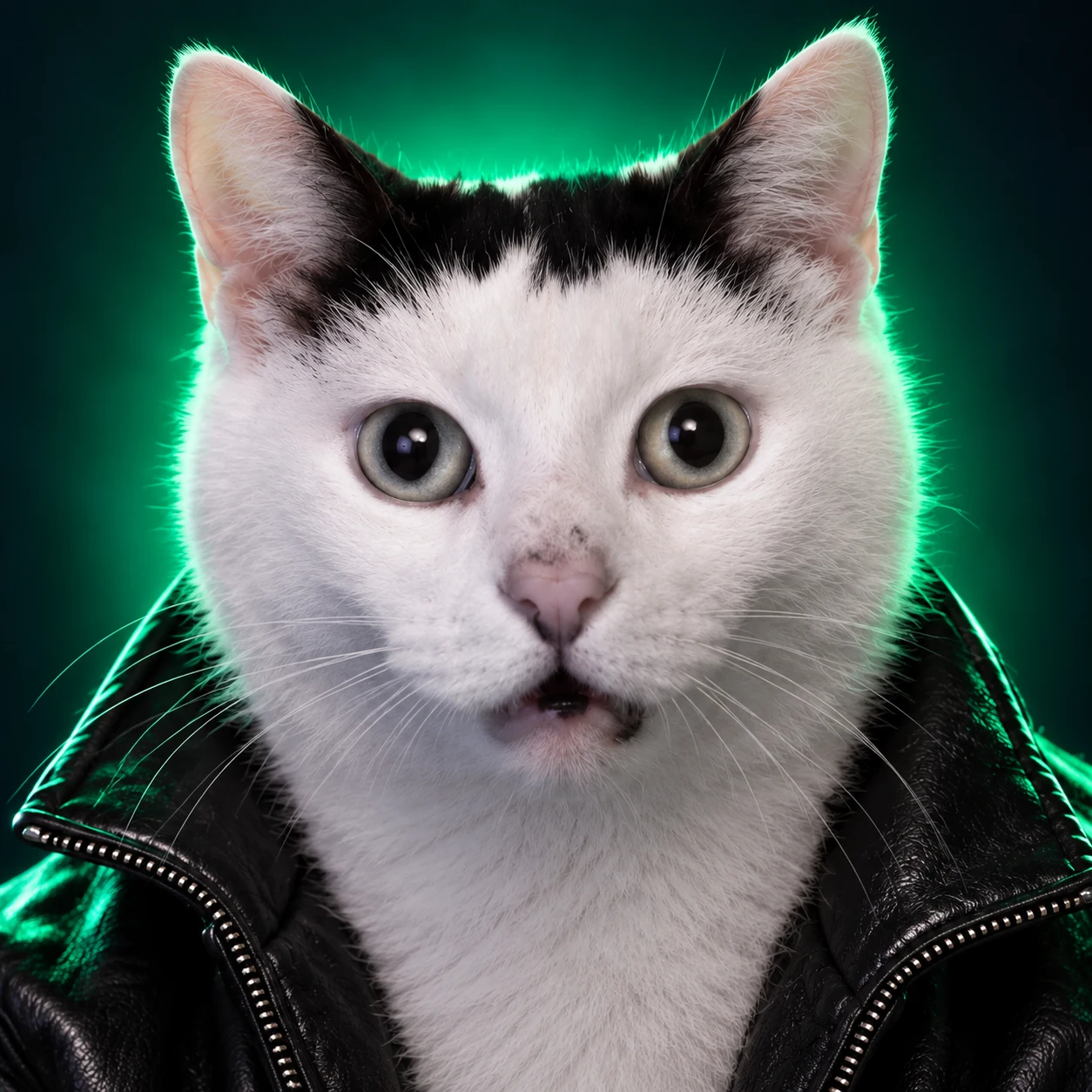 An extremely confused close-up of Huh Cat in his leather jacket.
