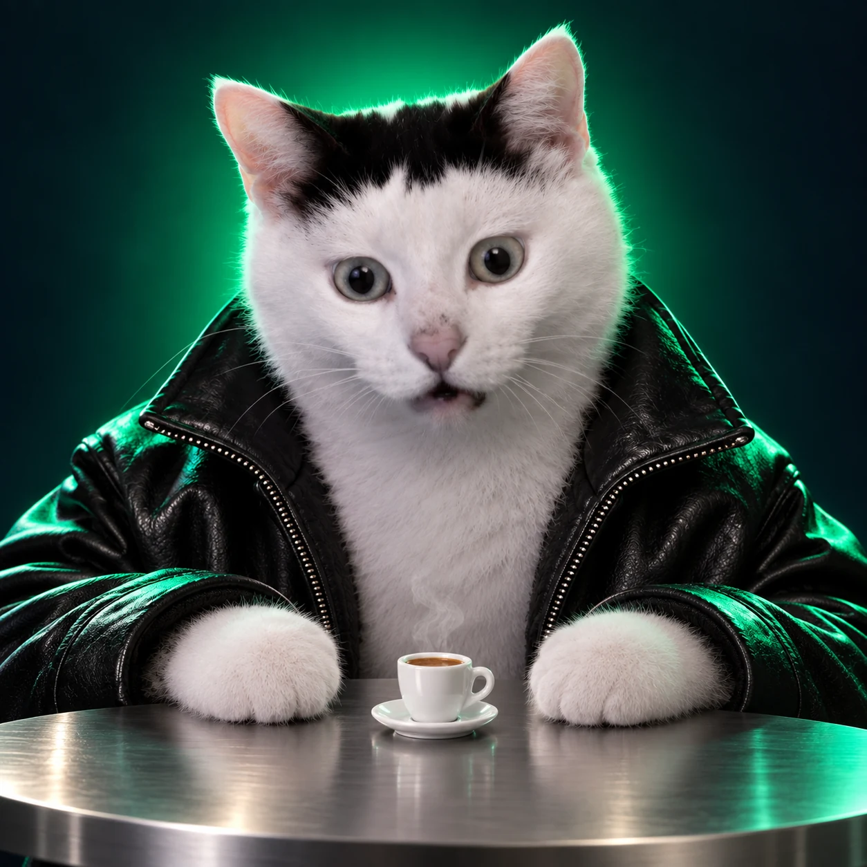 Jensen Huh contemplating a comically small cup of espresso.