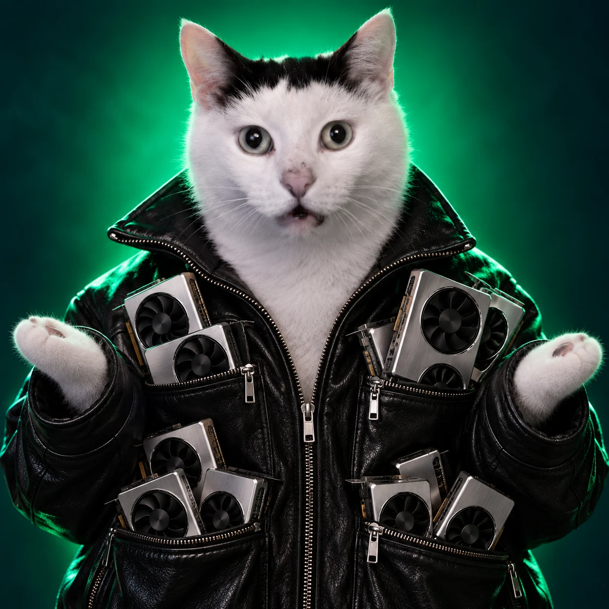 The confused cat with graphics cards sticking out of every jacket pocket.